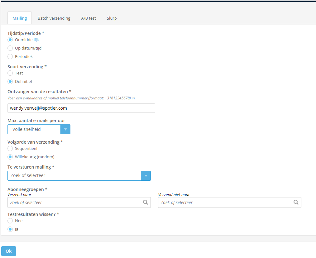 Voorbeeld instellingen definitief verzenden