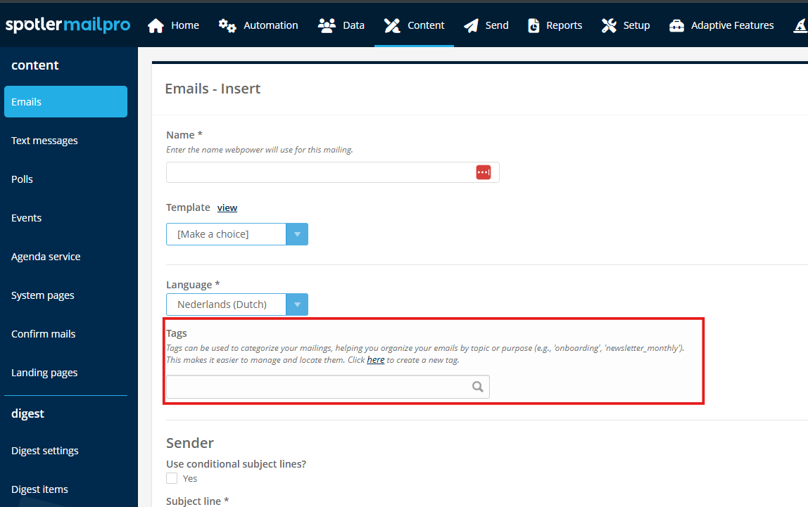 Add tag during email creation
