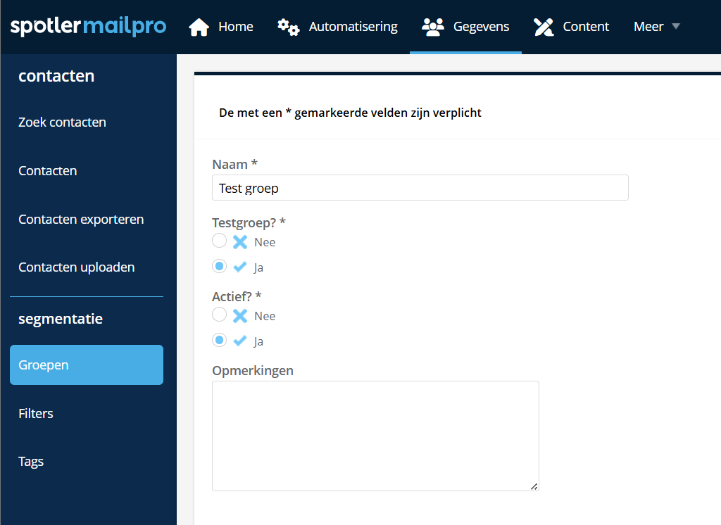 Nieuwe groep met de optie Testgroep 'Ja'
