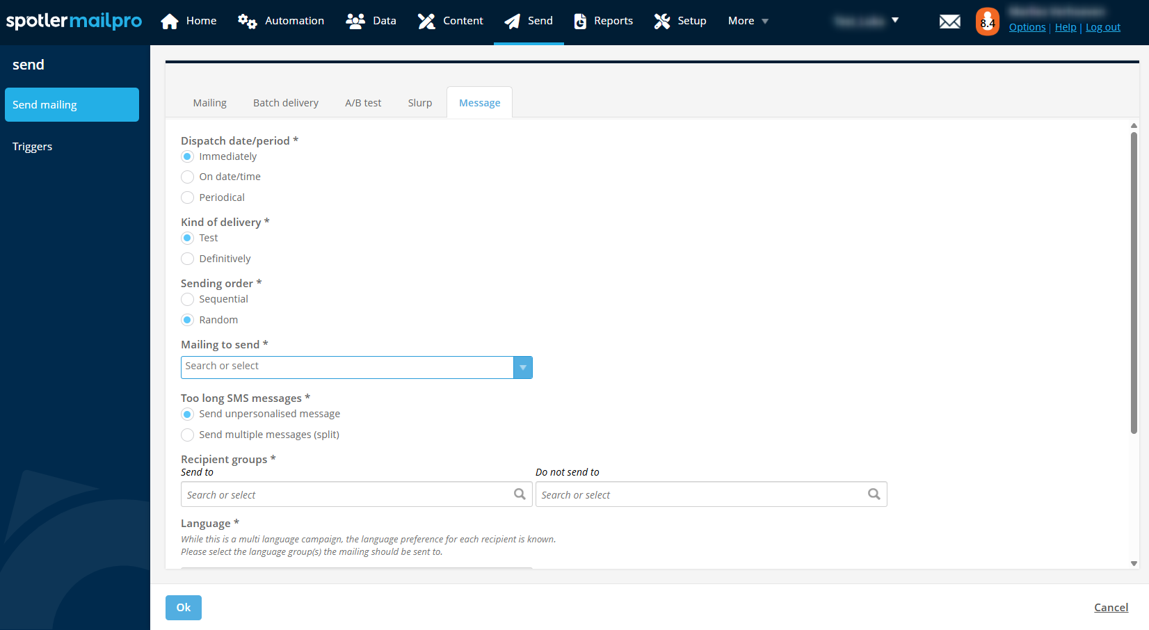 Bulk sendout of a message steps